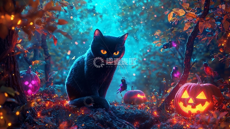 高清大图下载【趣麦麦图】万圣节黑猫与南瓜灯