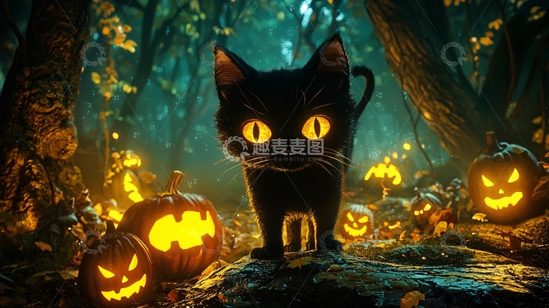高清大图下载【趣麦麦图】万圣节黑猫与南瓜灯