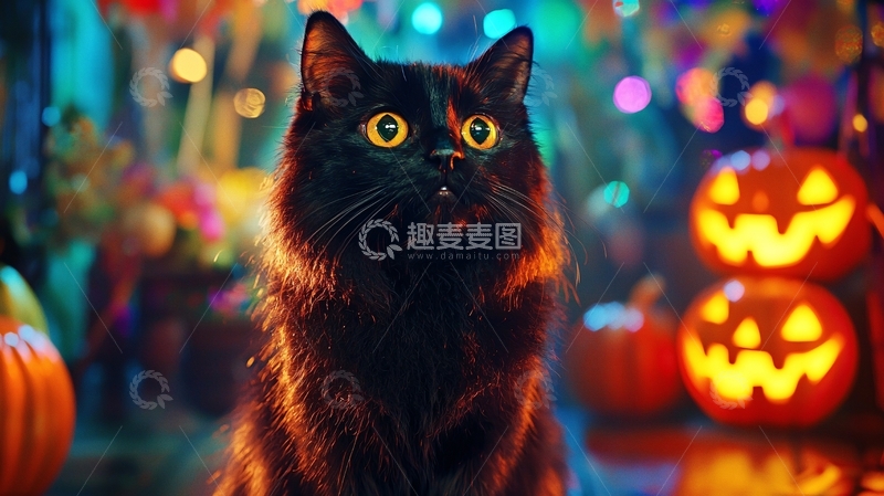 高清大图下载【趣麦麦图】万圣节黑猫与南瓜灯