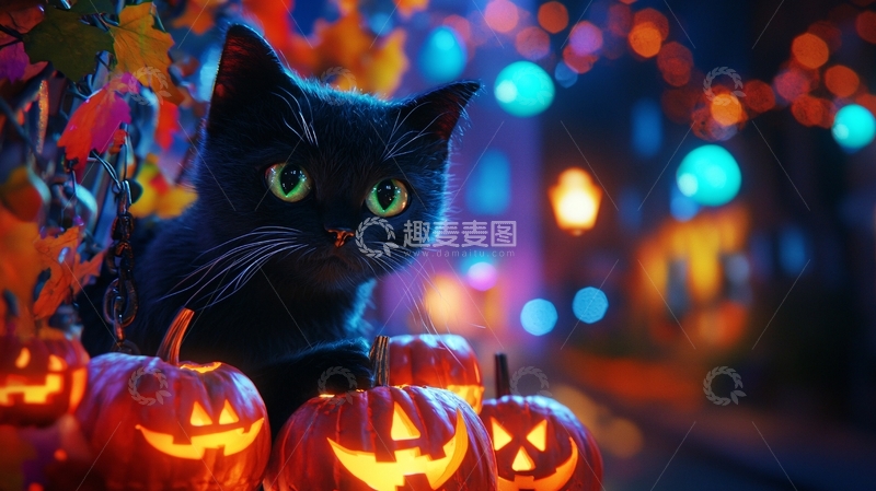 高清大图下载【趣麦麦图】万圣节黑猫与南瓜灯