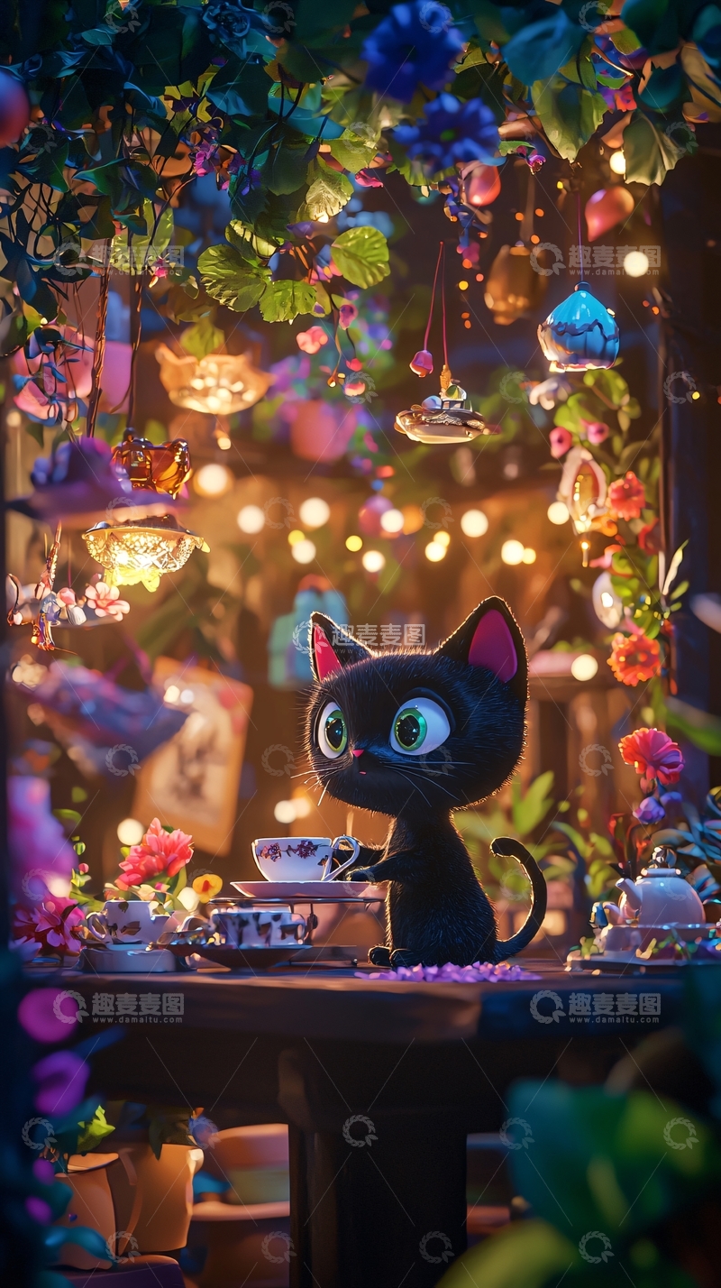 高清大图下载【趣麦麦图】梦幻花园中的黑猫茶会