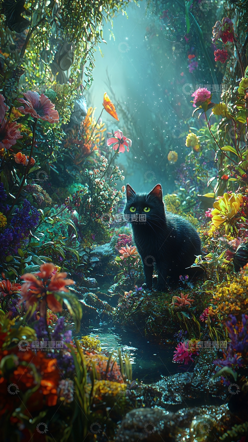 高清大图下载【趣麦麦图】黑猫森林仙境