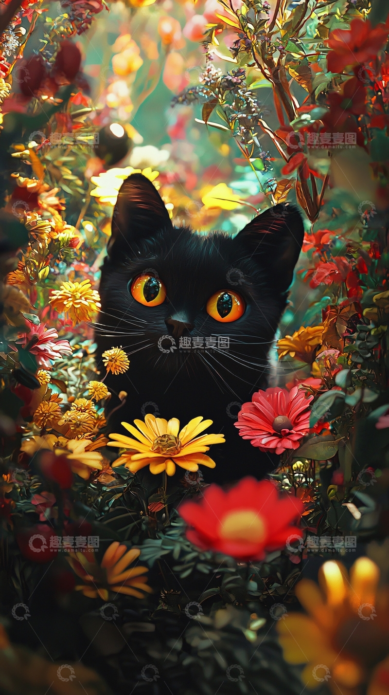 高清大图下载【趣麦麦图】黑猫与梦幻花园