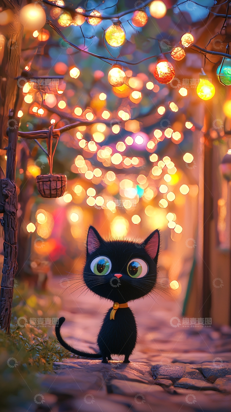 高清大图下载【趣麦麦图】黑猫夜景灯饰背景