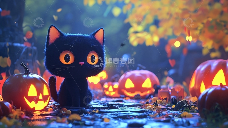 高清大图下载【趣麦麦图】万圣节黑猫与南瓜灯