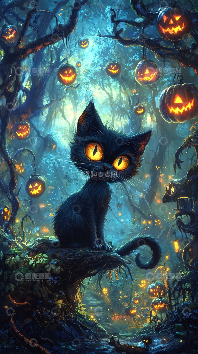 高清大图下载【趣麦麦图】万圣节黑猫森林南瓜灯
