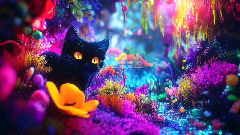 高清大图下载【趣麦麦图】梦幻黑猫与五彩斑斓的海底世界