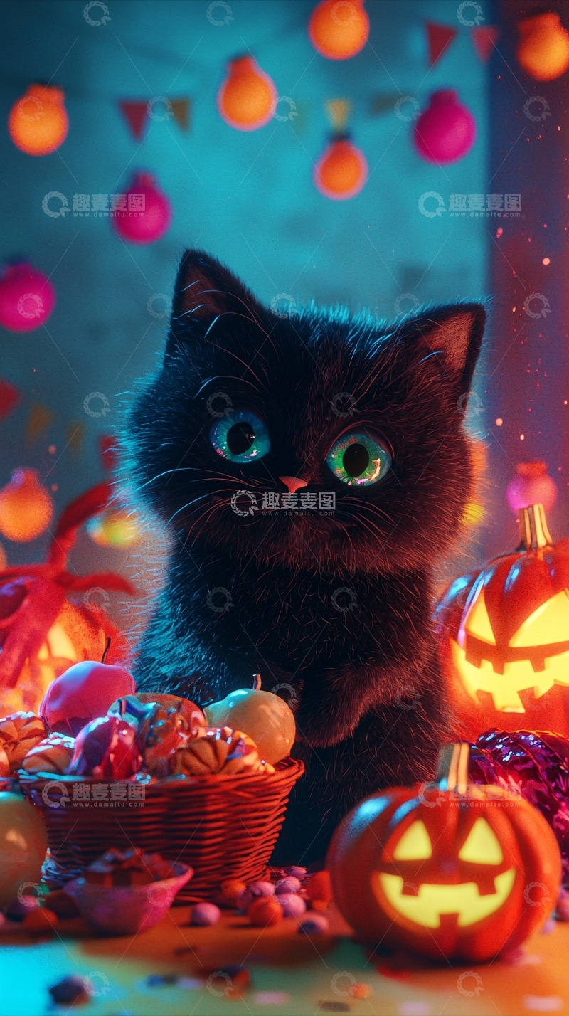 高清大图下载【趣麦麦图】万圣节黑猫与南瓜灯