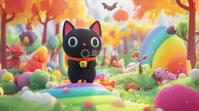 高清大图下载【趣麦麦图】卡通猫咪彩虹背景乐园场景
