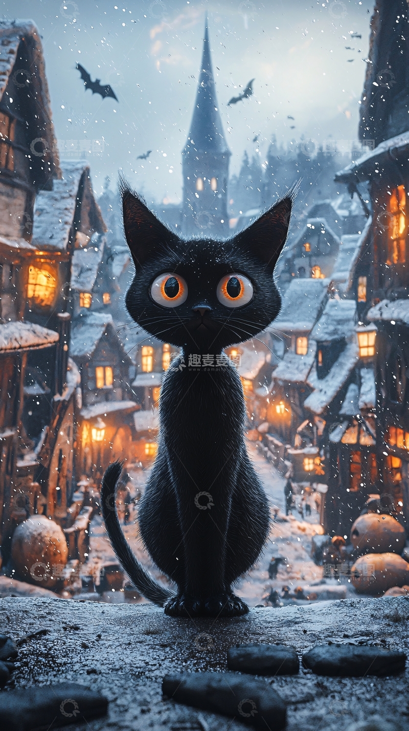 高清大图下载【趣麦麦图】黑猫雪夜村庄