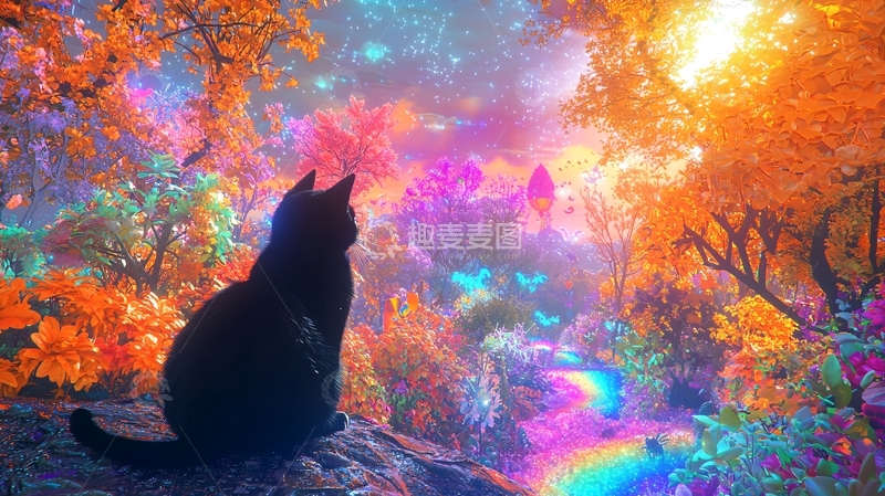 高清大图下载【趣麦麦图】梦幻森林中的黑猫