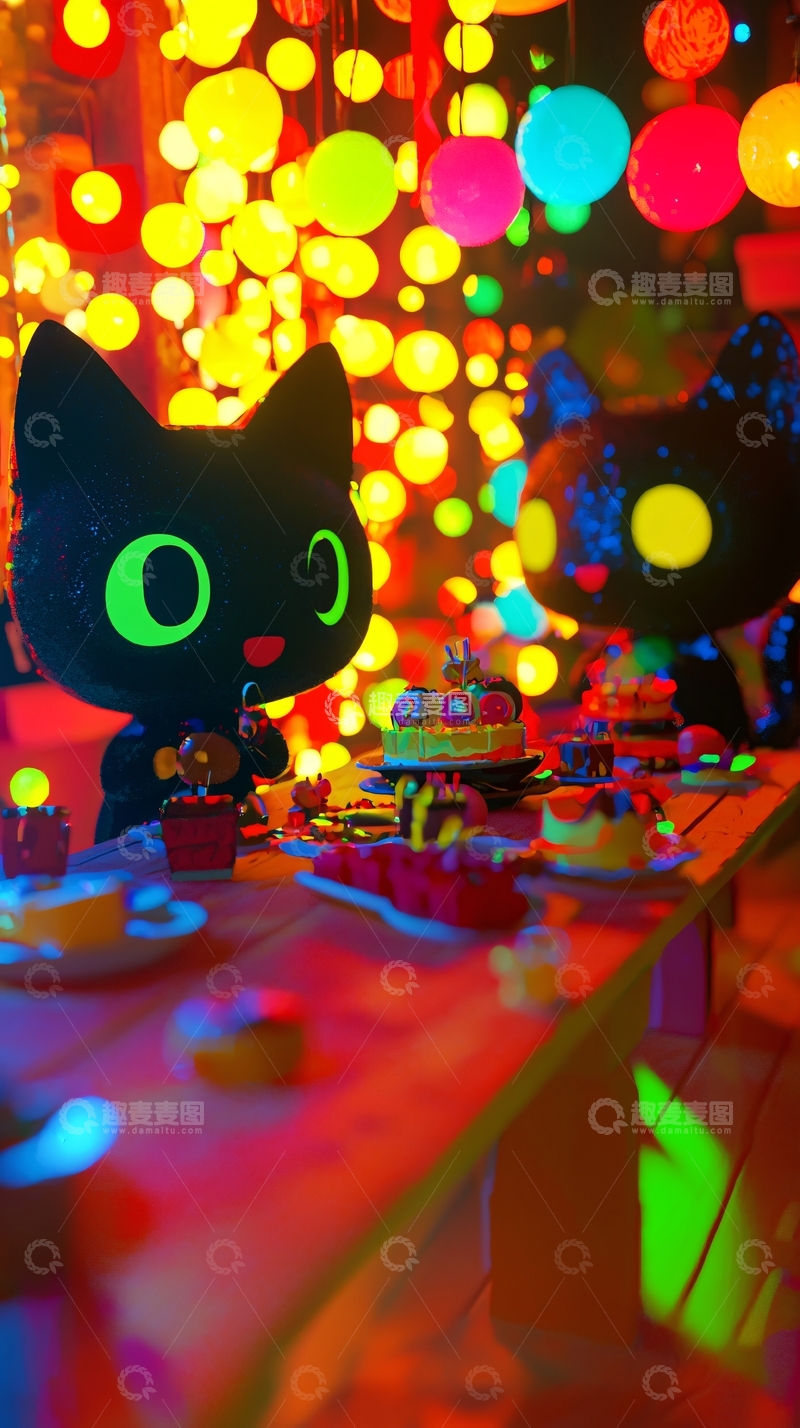 高清大图下载【趣麦麦图】霓虹灯下的猫咪主题派对场景