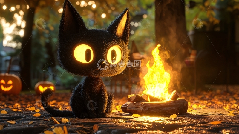 高清大图下载【趣麦麦图】黑猫与篝火的温馨夜晚