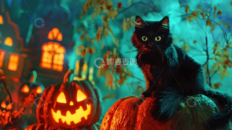 高清大图下载【趣麦麦图】万圣节黑猫与南瓜灯