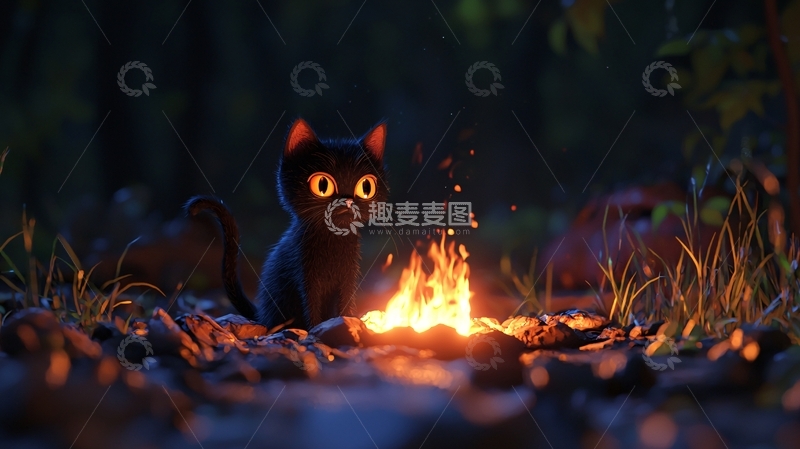 高清大图下载【趣麦麦图】黑猫与篝火的夜晚
