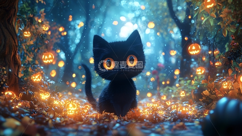 高清大图下载【趣麦麦图】万圣节黑猫森林场景
