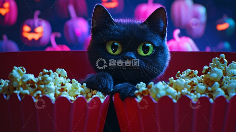 高清大图下载【趣麦麦图】万圣节猫咪与爆米花