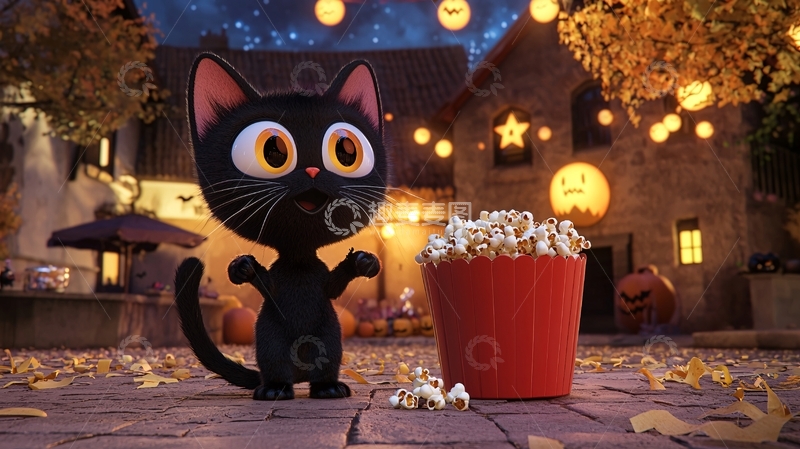 高清大图下载【趣麦麦图】万圣节黑猫与爆米花