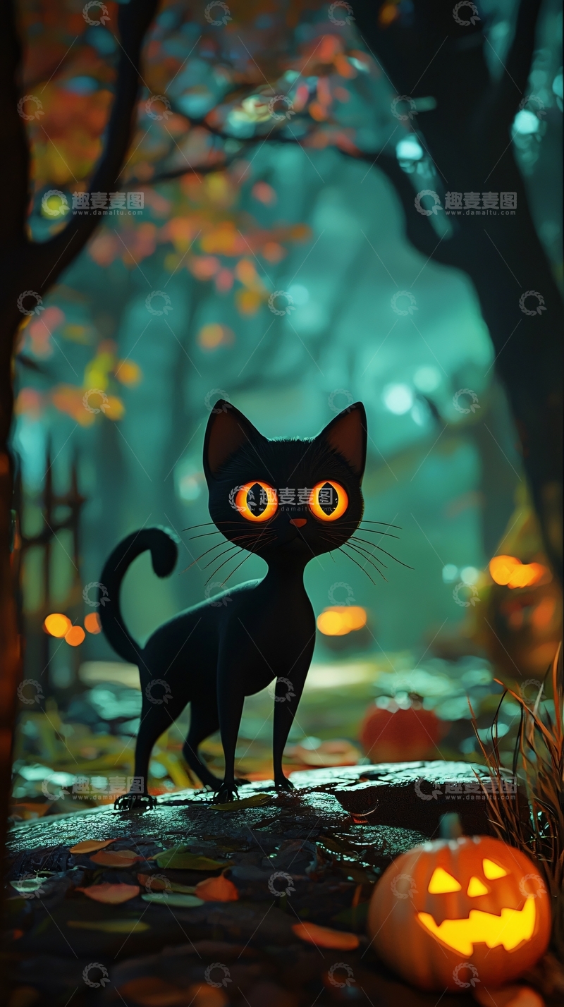 高清大图下载【趣麦麦图】万圣节黑猫南瓜灯森林