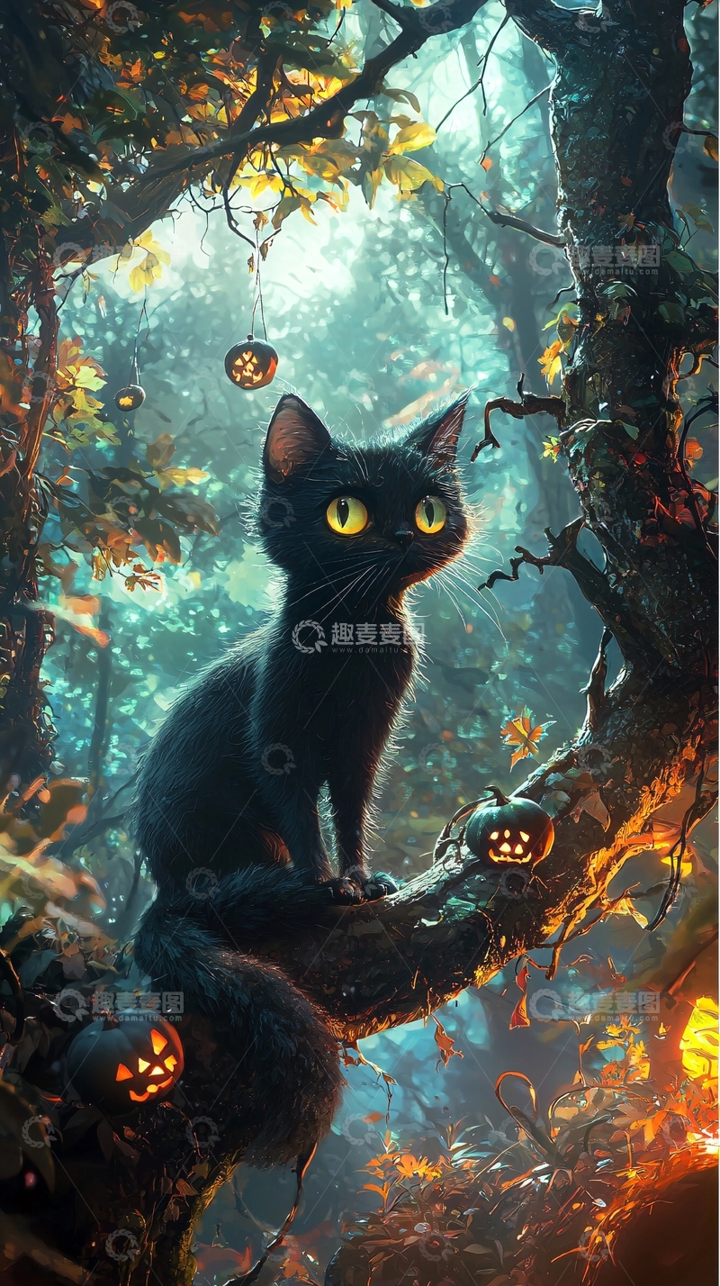 高清大图下载【趣麦麦图】黑猫森林万圣节南瓜灯