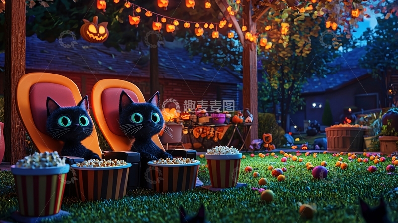 高清大图下载【趣麦麦图】万圣节猫咪户外观影场景