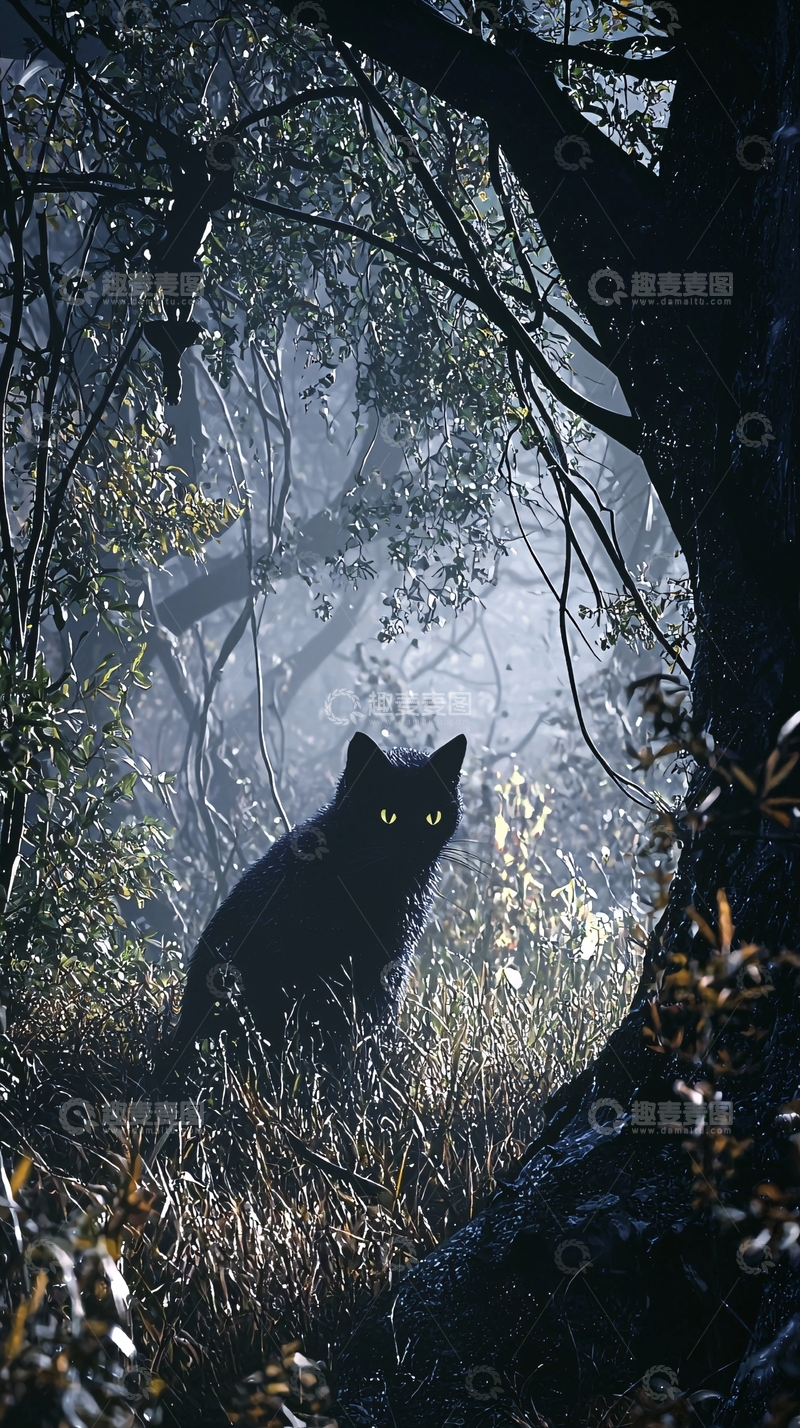 高清大图下载【趣麦麦图】黑猫森林夜景