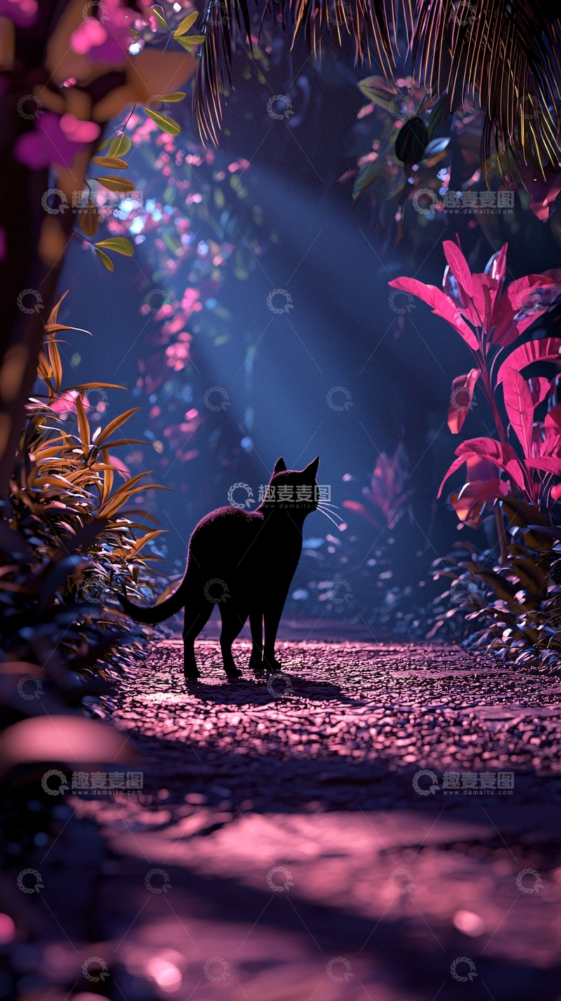 高清大图下载【趣麦麦图】夜晚森林中的黑猫剪影