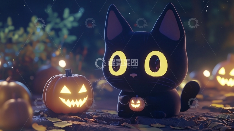 高清大图下载【趣麦麦图】万圣节黑猫与南瓜灯
