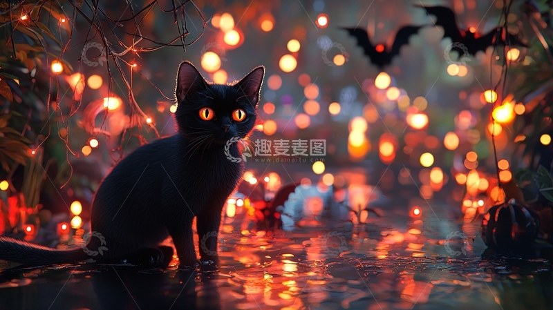 高清大图下载【趣麦麦图】黑猫夜景灯火背景