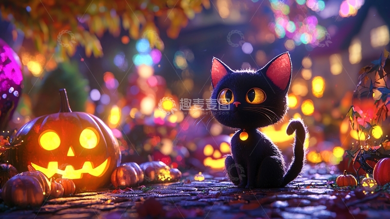 高清大图下载【趣麦麦图】万圣节黑猫南瓜灯夜景