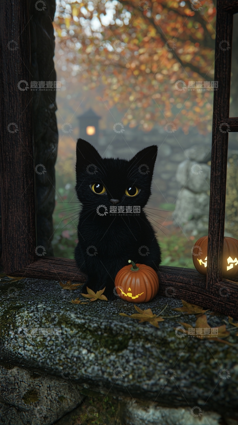 高清大图下载【趣麦麦图】黑猫与南瓜灯的秋日窗台