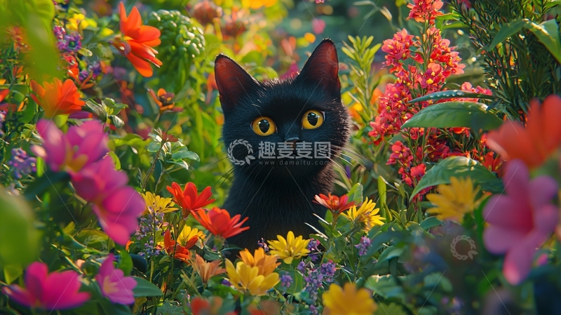 高清大图下载【趣麦麦图】黑猫花丛中高清图片