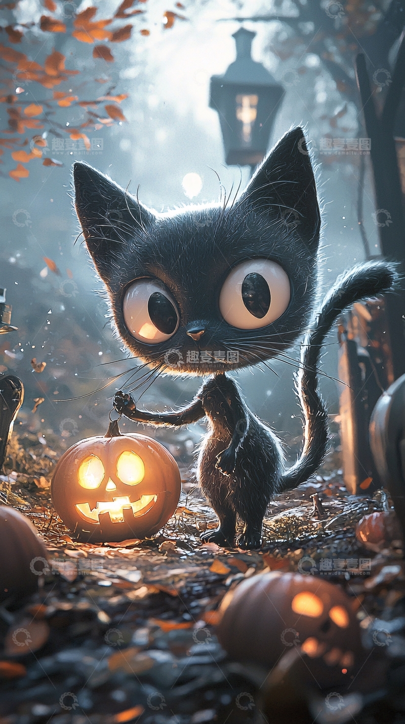 高清大图下载【趣麦麦图】万圣节黑猫与南瓜灯