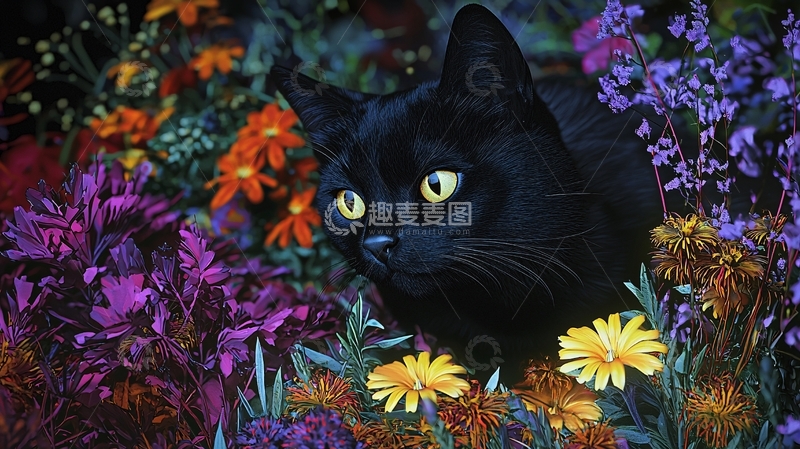 高清大图下载【趣麦麦图】黑猫与五彩斑斓的花朵