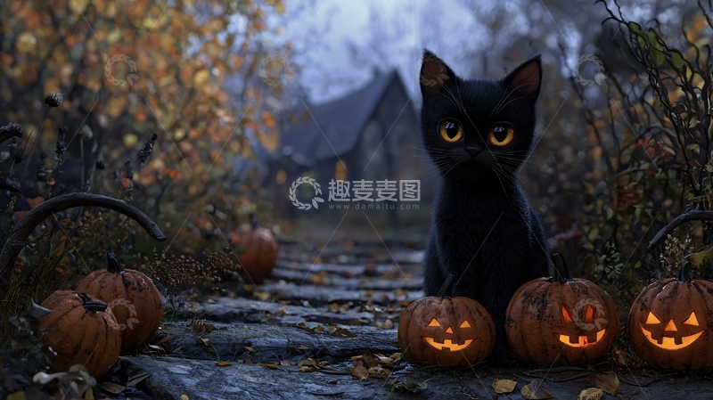 高清大图下载【趣麦麦图】万圣节黑猫与南瓜灯