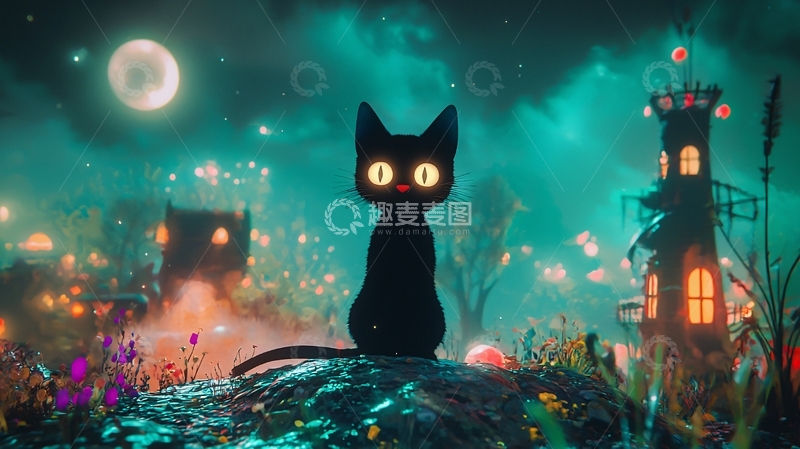 高清大图下载【趣麦麦图】夜色中的黑猫与梦幻城堡