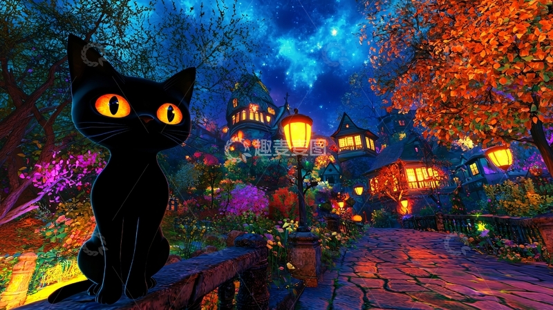 高清大图下载【趣麦麦图】黑猫与梦幻小镇夜景