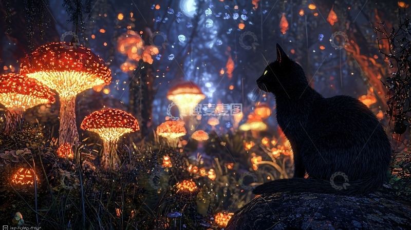 高清大图下载【趣麦麦图】黑猫与发光蘑菇的神秘森林