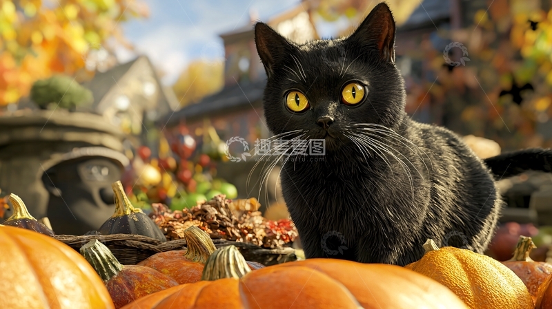 高清大图下载【趣麦麦图】黑猫与南瓜的秋日场景