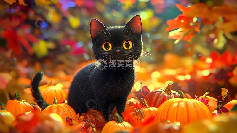 高清大图下载【趣麦麦图】黑猫与南瓜的秋天场景