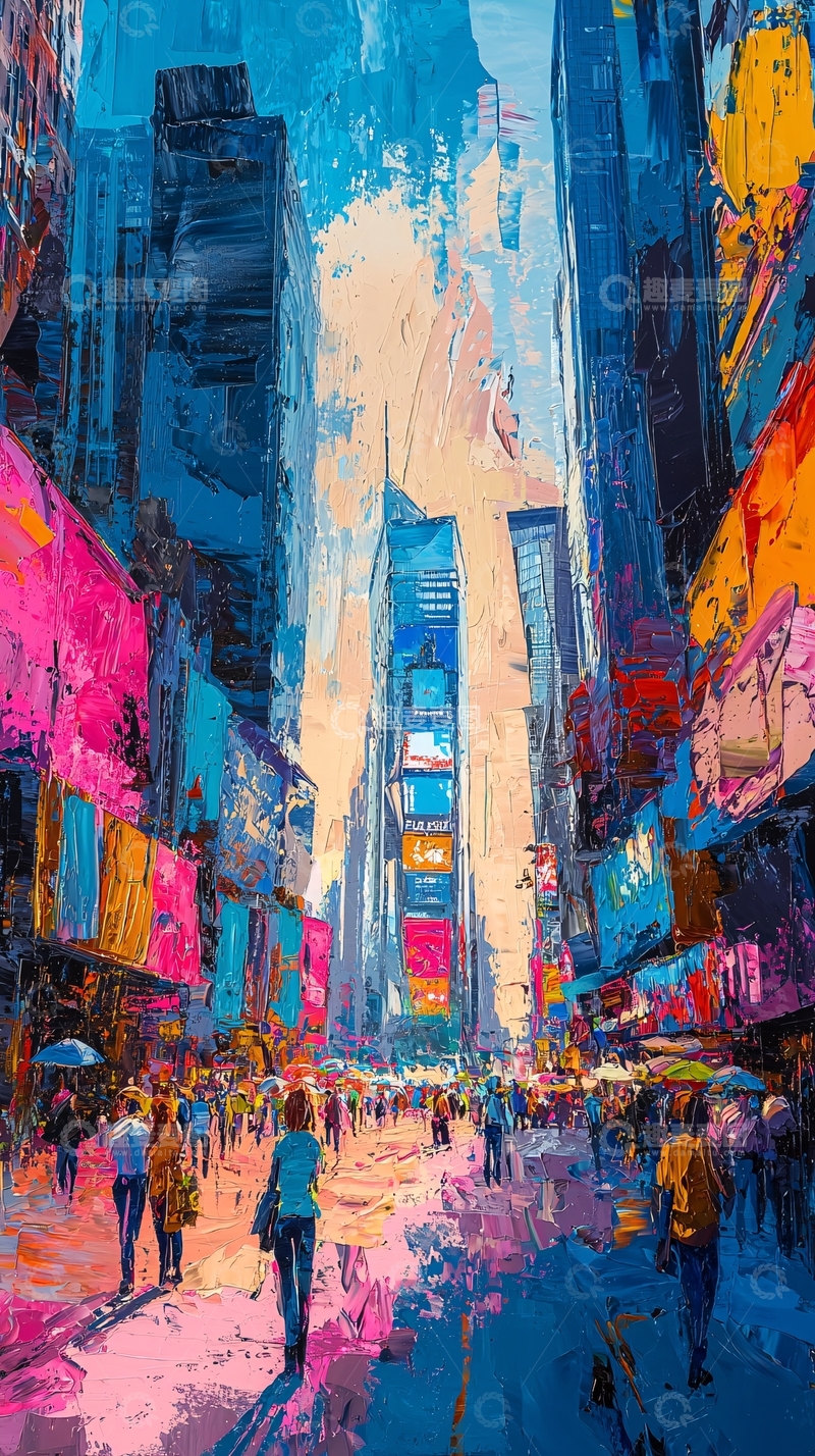 高清大图下载【趣麦麦图】油画风格的繁忙都市街道