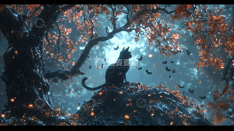 高清大图下载【趣麦麦图】秋夜树下黑猫与蝙蝠