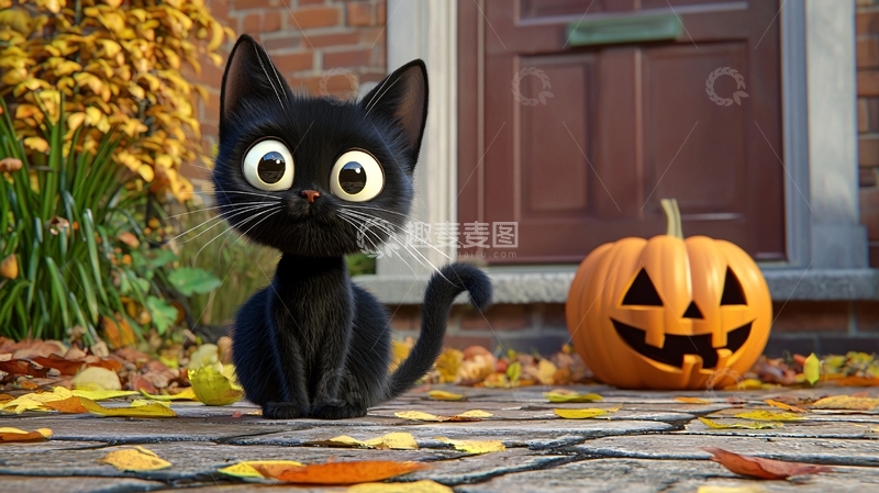 高清大图下载【趣麦麦图】万圣节黑猫南瓜灯