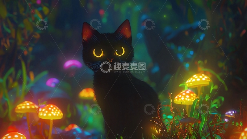 高清大图下载【趣麦麦图】黑猫与发光蘑菇的梦幻森林