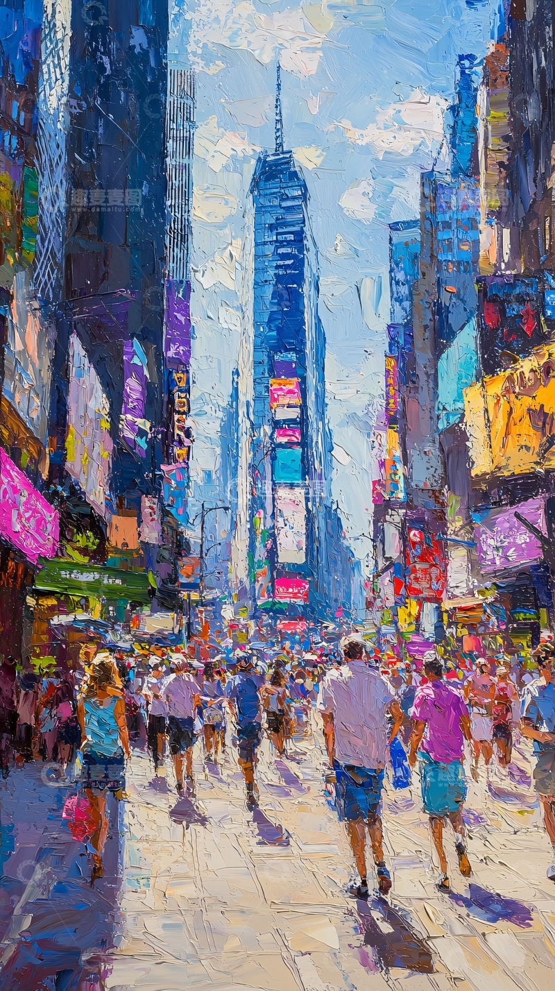 高清大图下载【趣麦麦图】油画风格的繁忙都市街道