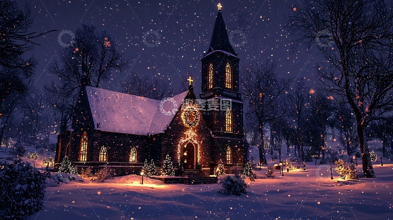 高清大图下载【趣麦麦图】圣诞夜教堂灯光