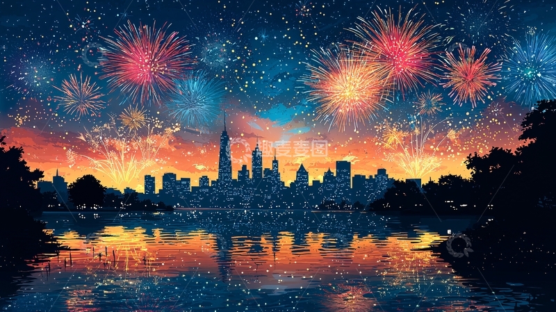 高清大图下载【趣麦麦图】元旦烟花与城市剪影