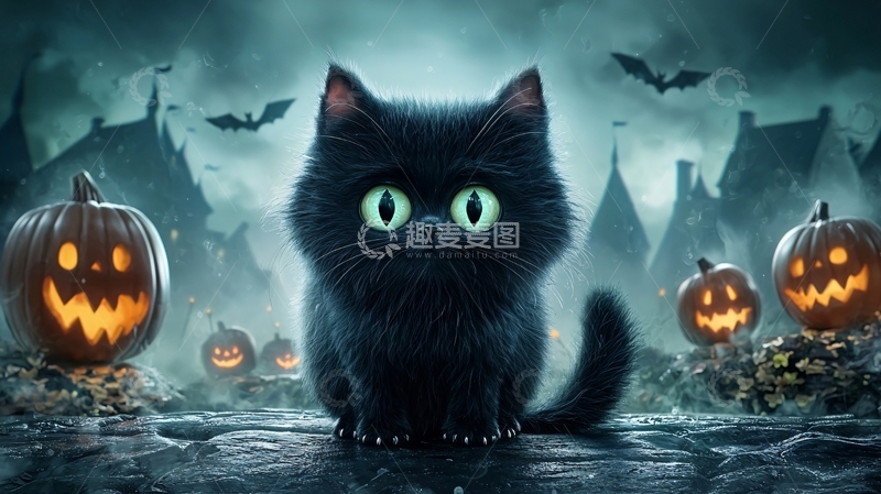 高清大图下载【趣麦麦图】万圣节黑猫与南瓜灯