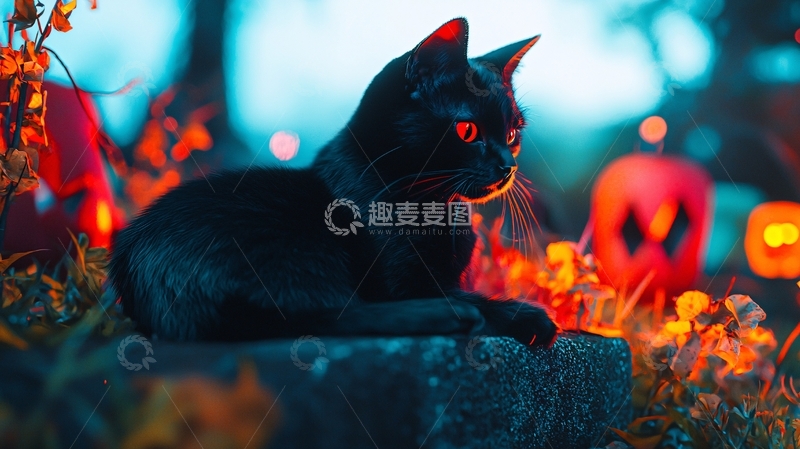 高清大图下载【趣麦麦图】万圣节黑猫与南瓜灯