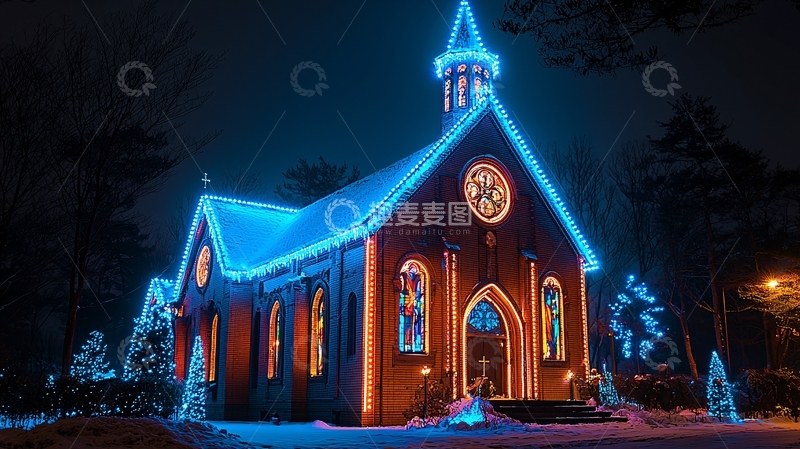 高清大图下载【趣麦麦图】圣诞夜教堂灯光